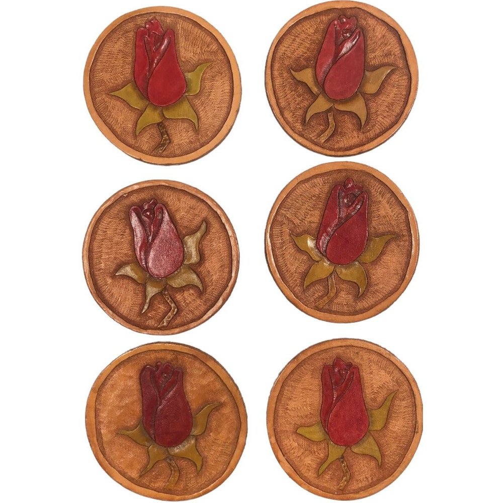 Coasters Genuine Tooled Leather Hand Crafted Set of Six Rose Design Vintage